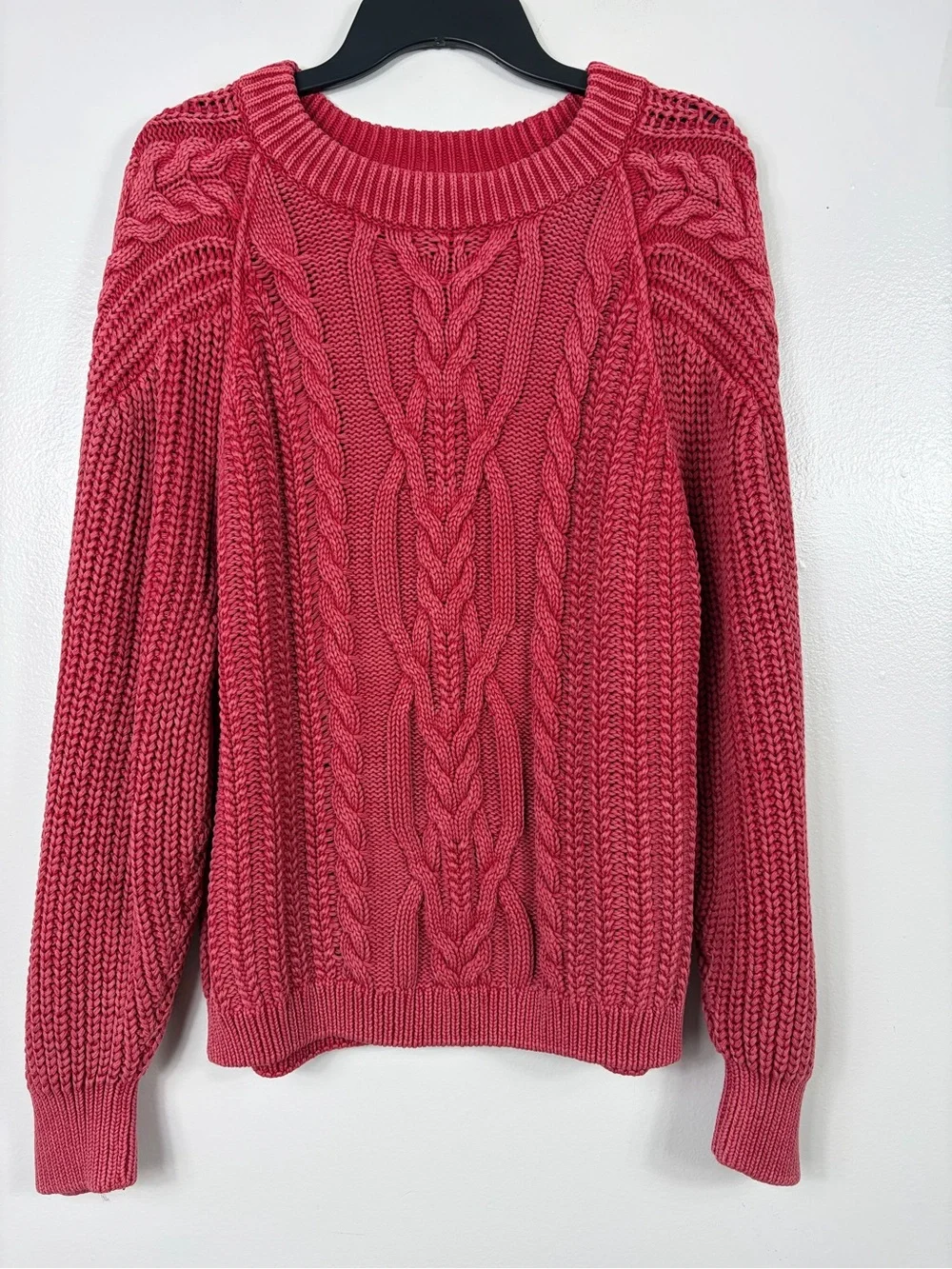 Free People Frankie Cotton Cable Knit Crewneck Sweater in Sour Cherry XL - Picture 2 of 7